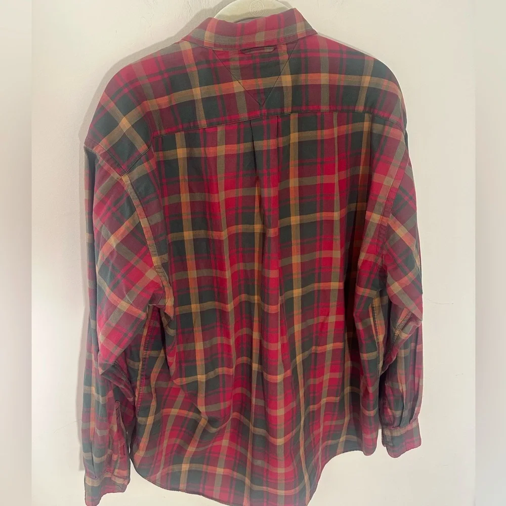 Vintage 90s Tommy Hilfiger Shirt Men Large Denim Plaid Red Button Down Shirt L - Picture 2 of 7